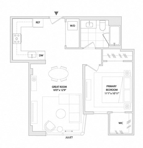 Floor plan for 1 bed, 1 bath, 707 sqft